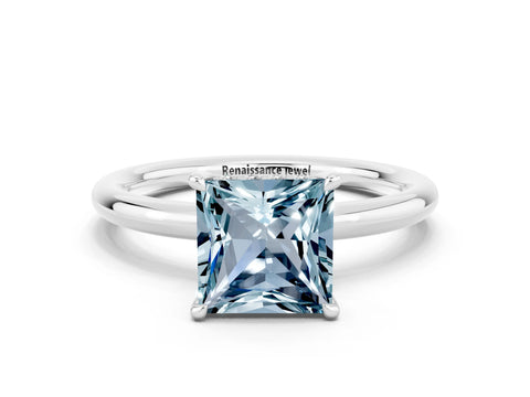 White gold Princess Cut Aquamarine Solitaire Ring with Thin Band and Four-Prong Setting