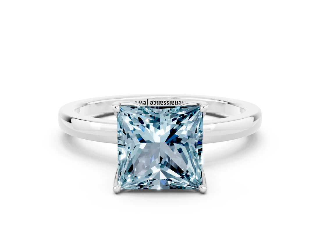 White gold Princess Cut Aquamarine Solitaire Ring with Thin Band and Prong Setting_12
