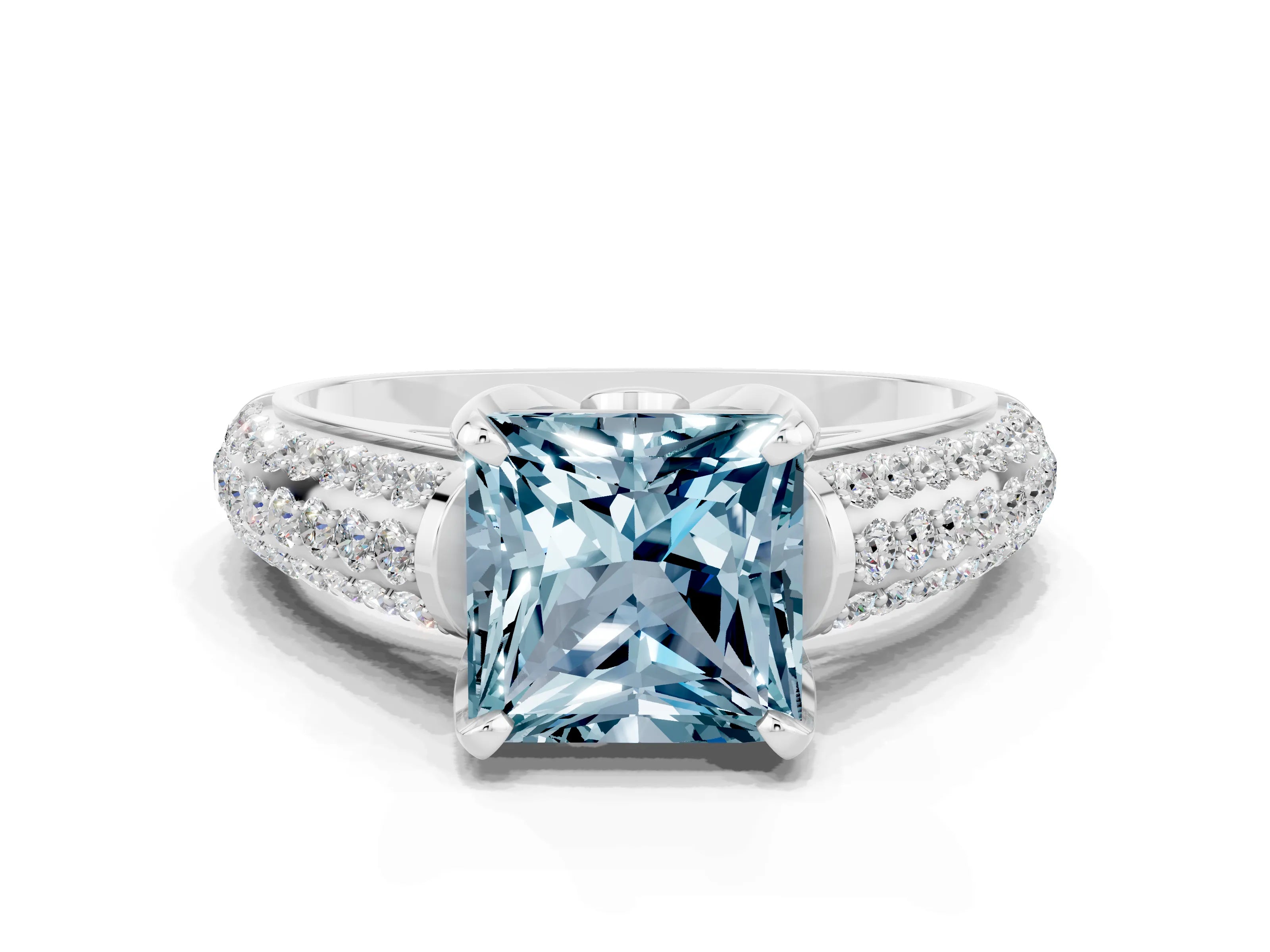 White gold Princess Cut Aquamarine Solitaire Ring with Three-Row Pavé Band and Four-Prong Setting_12
