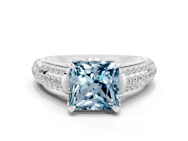 White gold Princess Cut Aquamarine Solitaire Ring with Three-Row Pavé Band and Four-Prong Setting