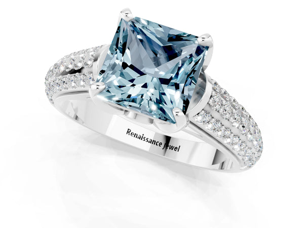 Platinum Princess Cut Aquamarine Solitaire Ring with Three-Row Pavé Band and Four-Prong Setting