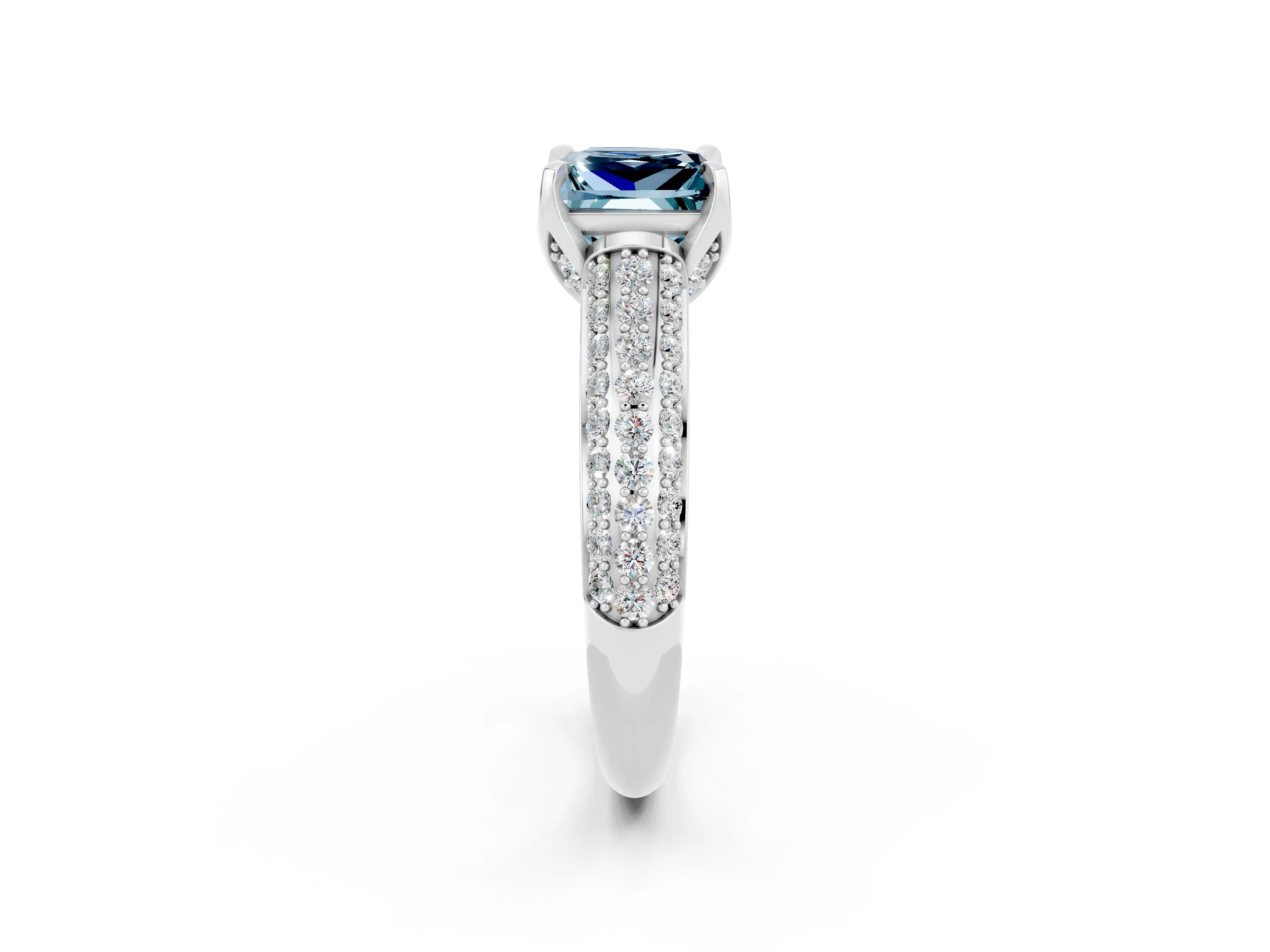 White gold Princess Cut Aquamarine Solitaire Ring with Three-Row Pavé Band and Four-Prong Setting_14