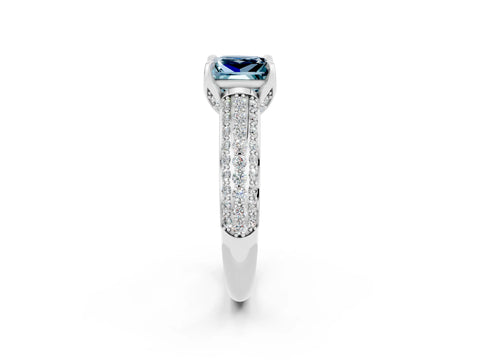 White gold Princess Cut Aquamarine Solitaire Ring with Three-Row Pavé Band and Four-Prong Setting_14