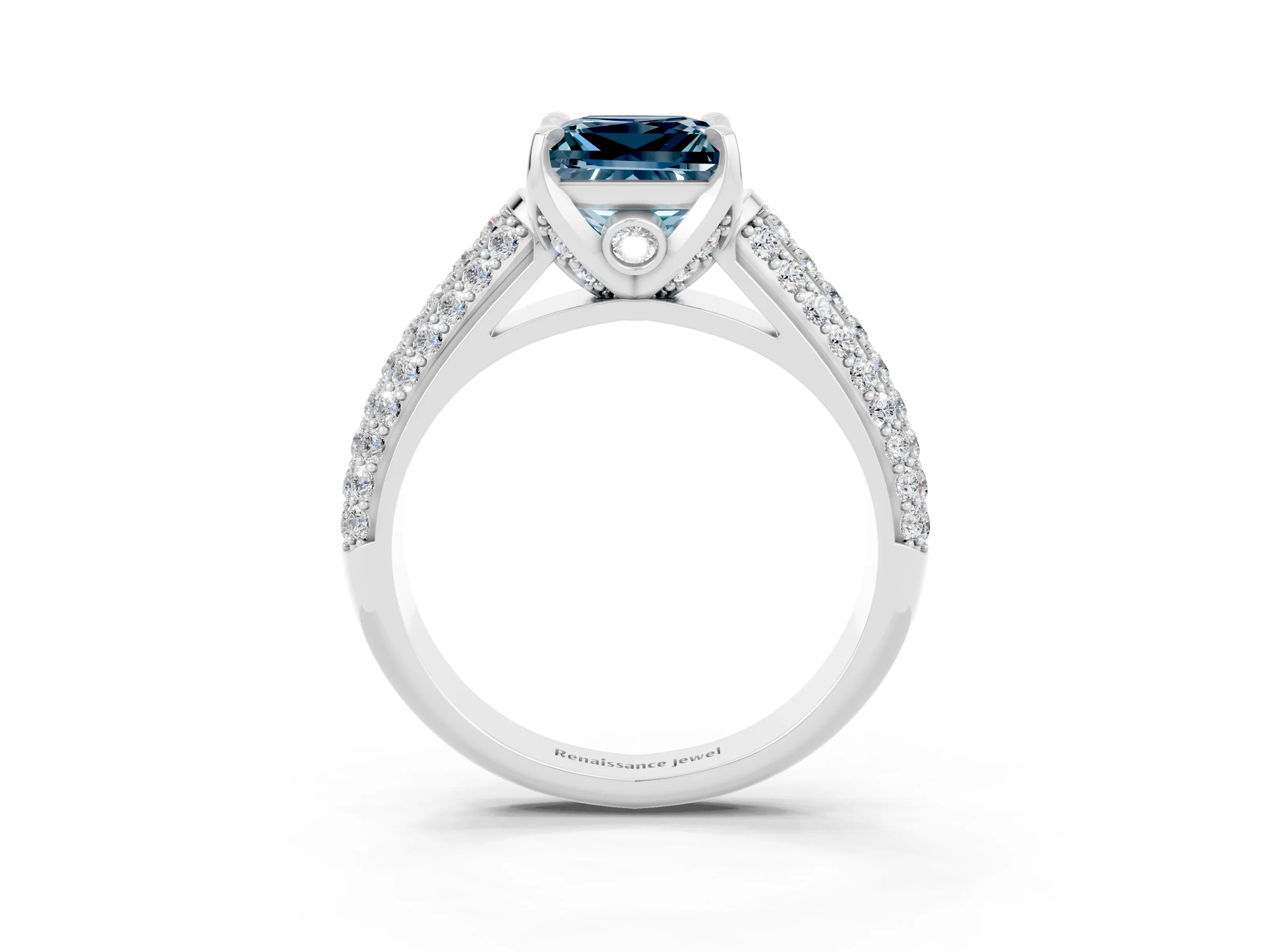 White gold Princess Cut Aquamarine Solitaire Ring with Three-Row Pavé Band and Four-Prong Setting_15