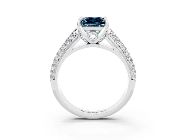 White gold Princess Cut Aquamarine Solitaire Ring with Three-Row Pavé Band and Four-Prong Setting