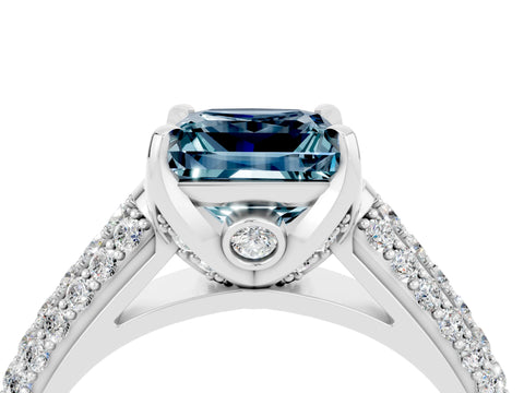 White gold Princess Cut Aquamarine Solitaire Ring with Three-Row Pavé Band and Four-Prong Setting_16