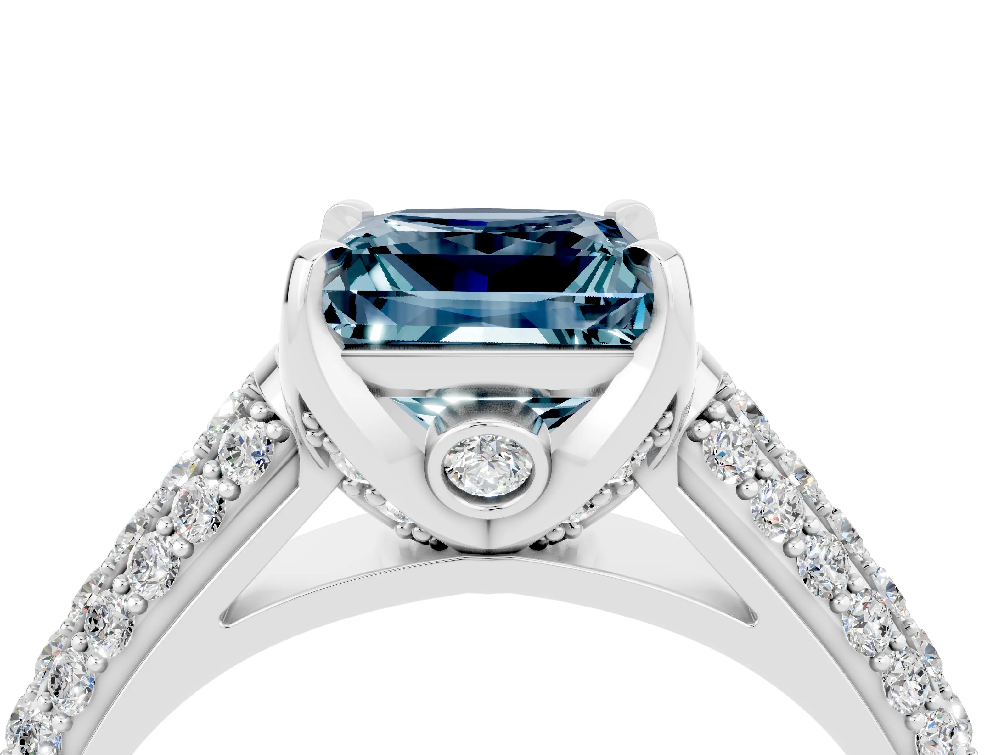 White gold Princess Cut Aquamarine Solitaire Ring with Three-Row Pavé Band and Four-Prong Setting_16