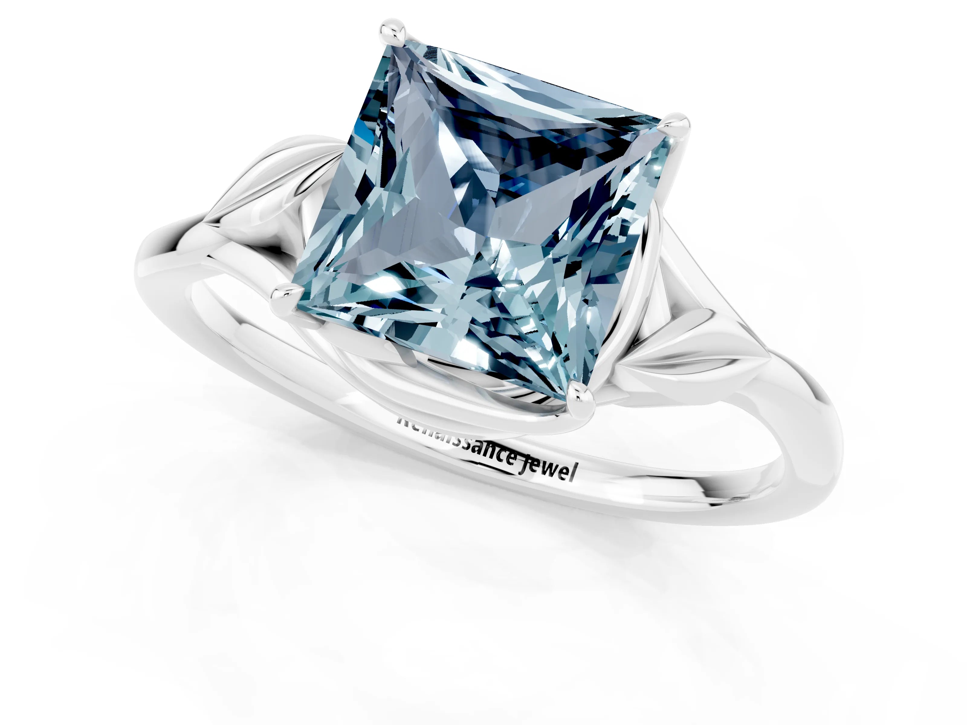 White gold Princess Cut Aquamarine Solitaire Ring with Twist Band and Four-Prong Setting_13