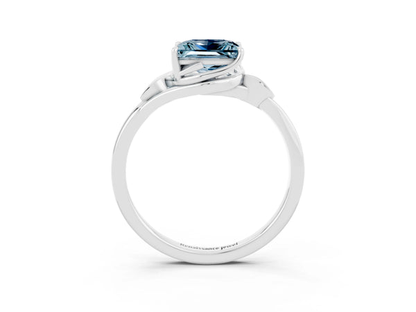 Platinum Princess Cut Aquamarine Solitaire Ring with Twist Band and Four-Prong Setting