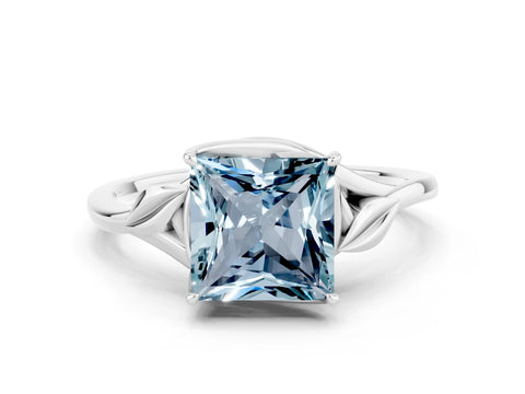 White gold Princess Cut Aquamarine Solitaire Ring with Twist Band and Four-Prong Setting_36