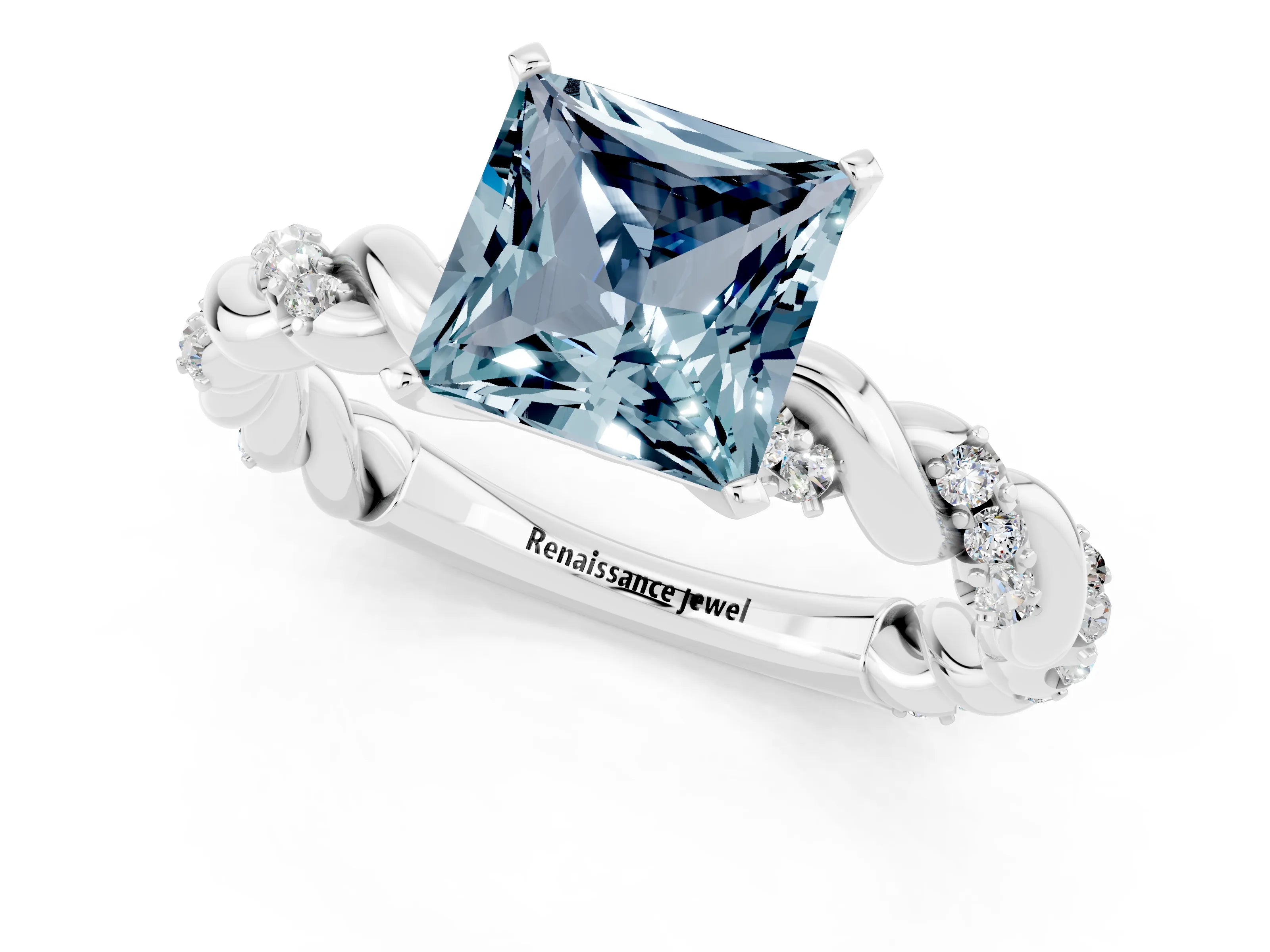 White gold Princess Cut Aquamarine Solitaire Ring with Twisted Band and Pavé Accents_1