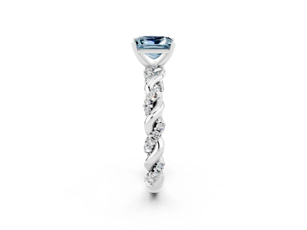 Platinum Princess Cut Aquamarine Solitaire Ring with Twisted Band and Pavé Accents