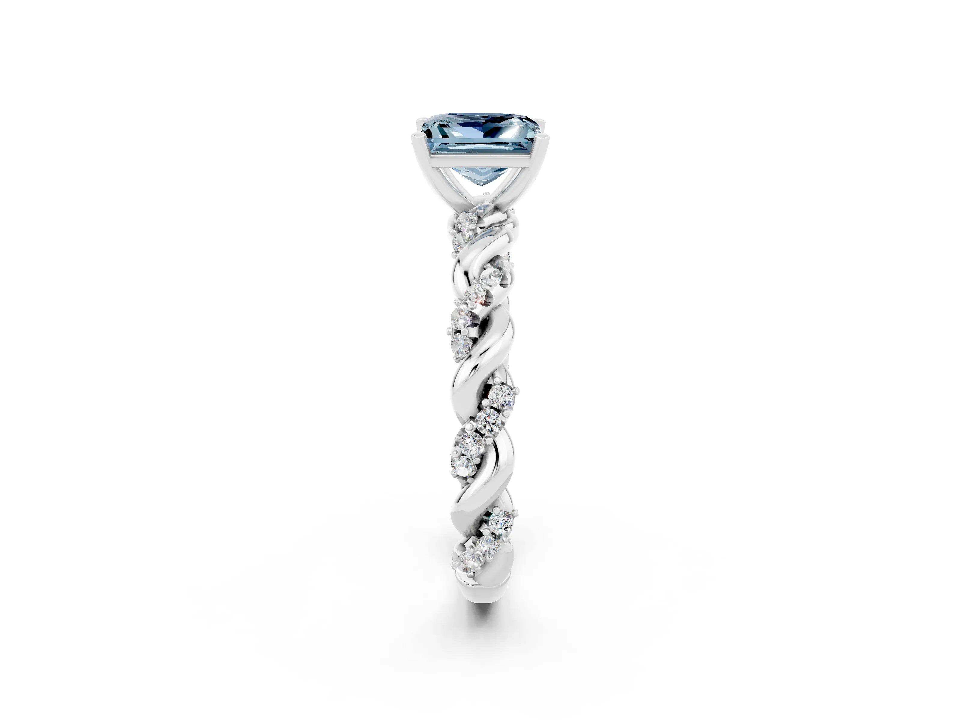 White gold Princess Cut Aquamarine Solitaire Ring with Twisted Band and Pavé Accents_2