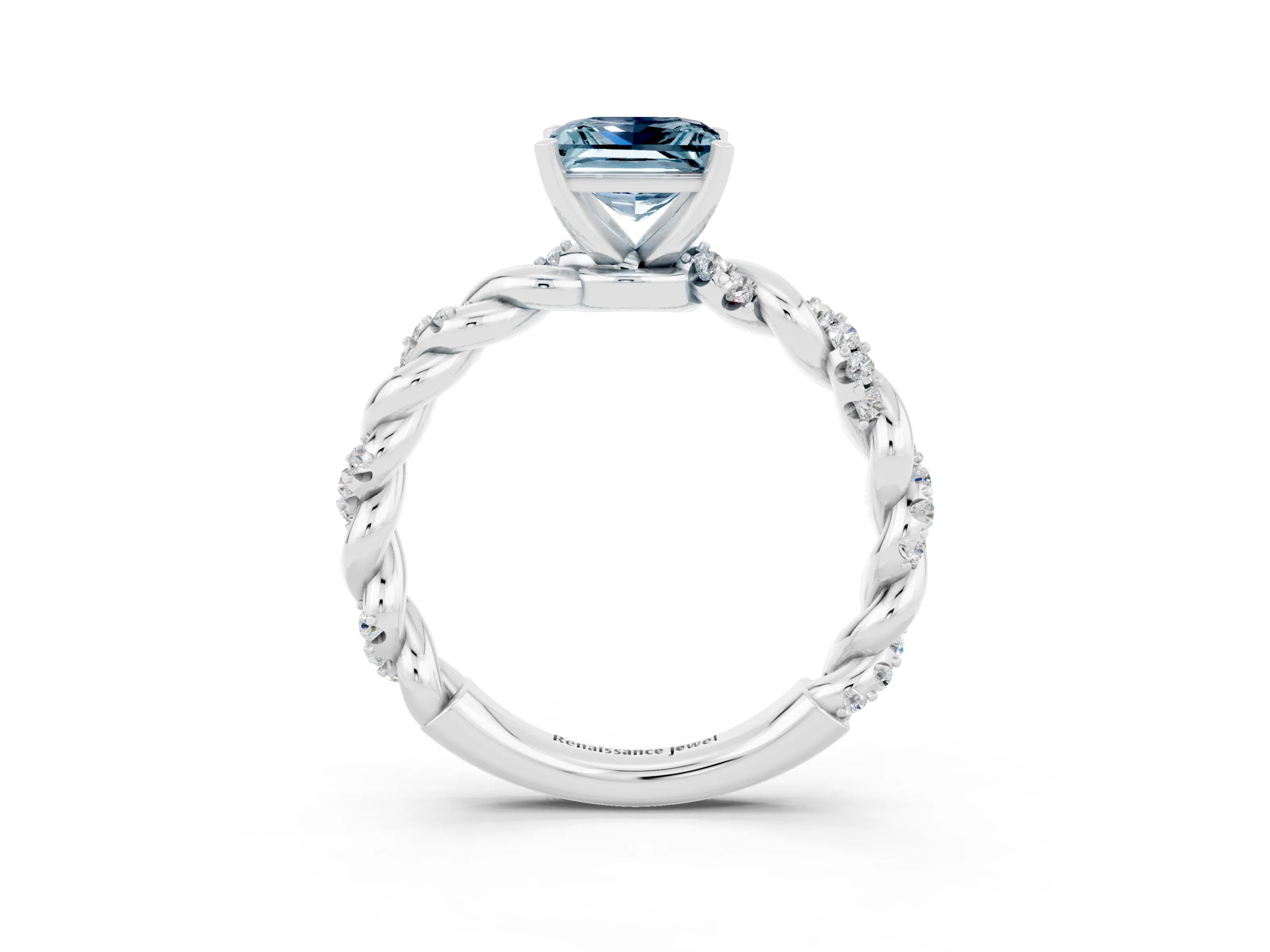 White gold Princess Cut Aquamarine Solitaire Ring with Twisted Band and Pavé Accents_3