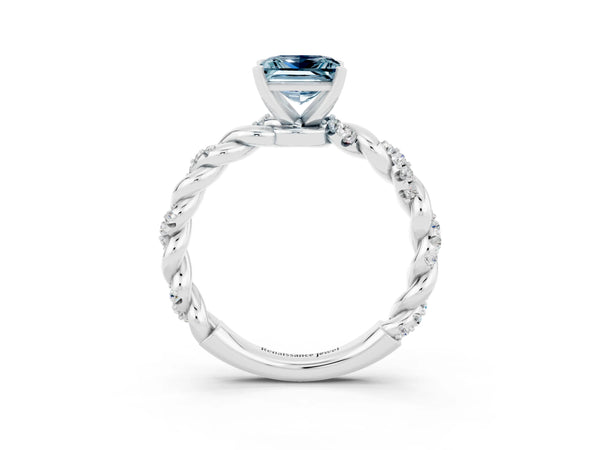 Silver Princess Cut Aquamarine Solitaire Ring with Twisted Band and Pavé Accents