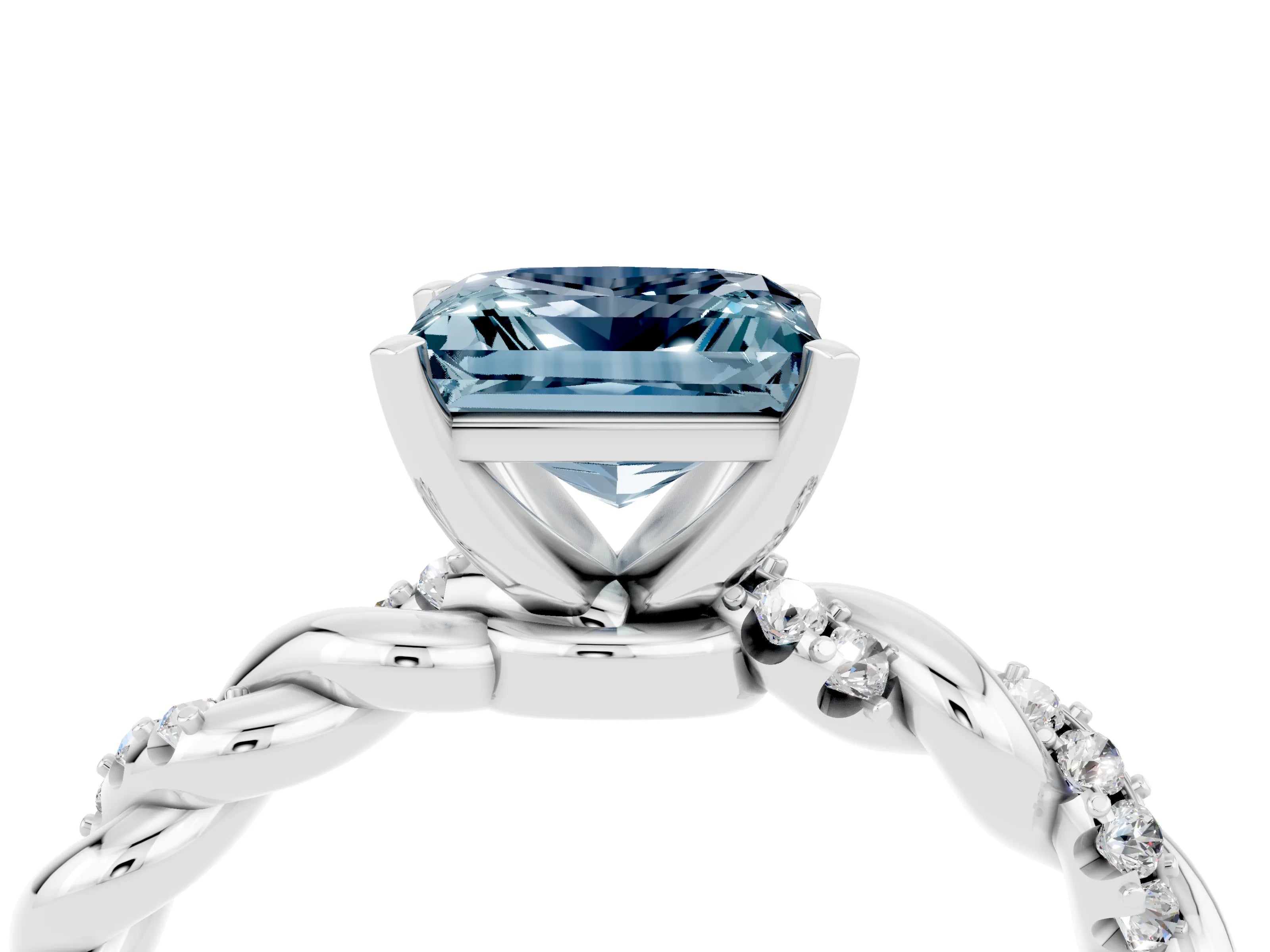 White gold Princess Cut Aquamarine Solitaire Ring with Twisted Band and Pavé Accents_4
