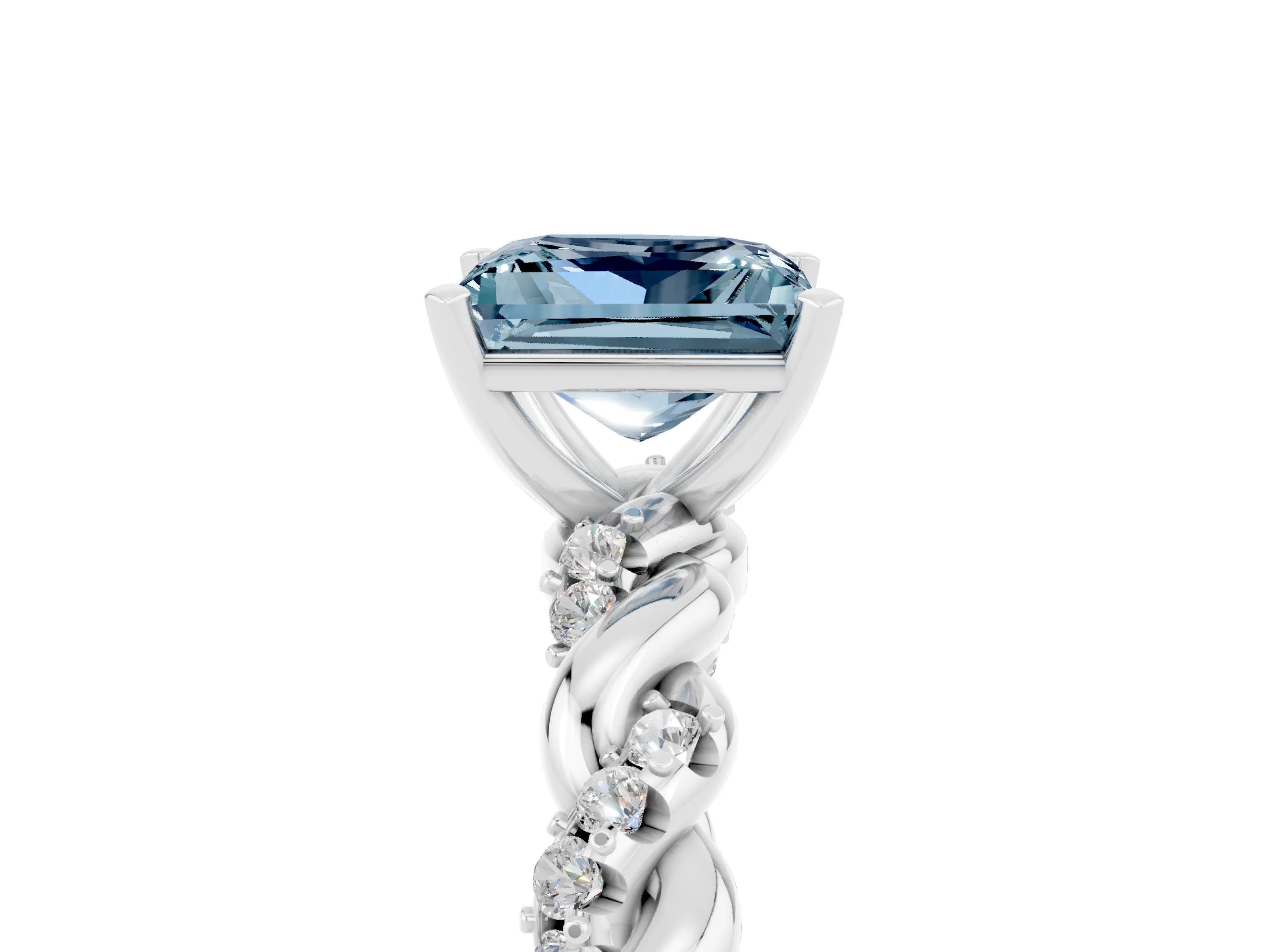 White gold Princess Cut Aquamarine Solitaire Ring with Twisted Band and Pavé Accents_5