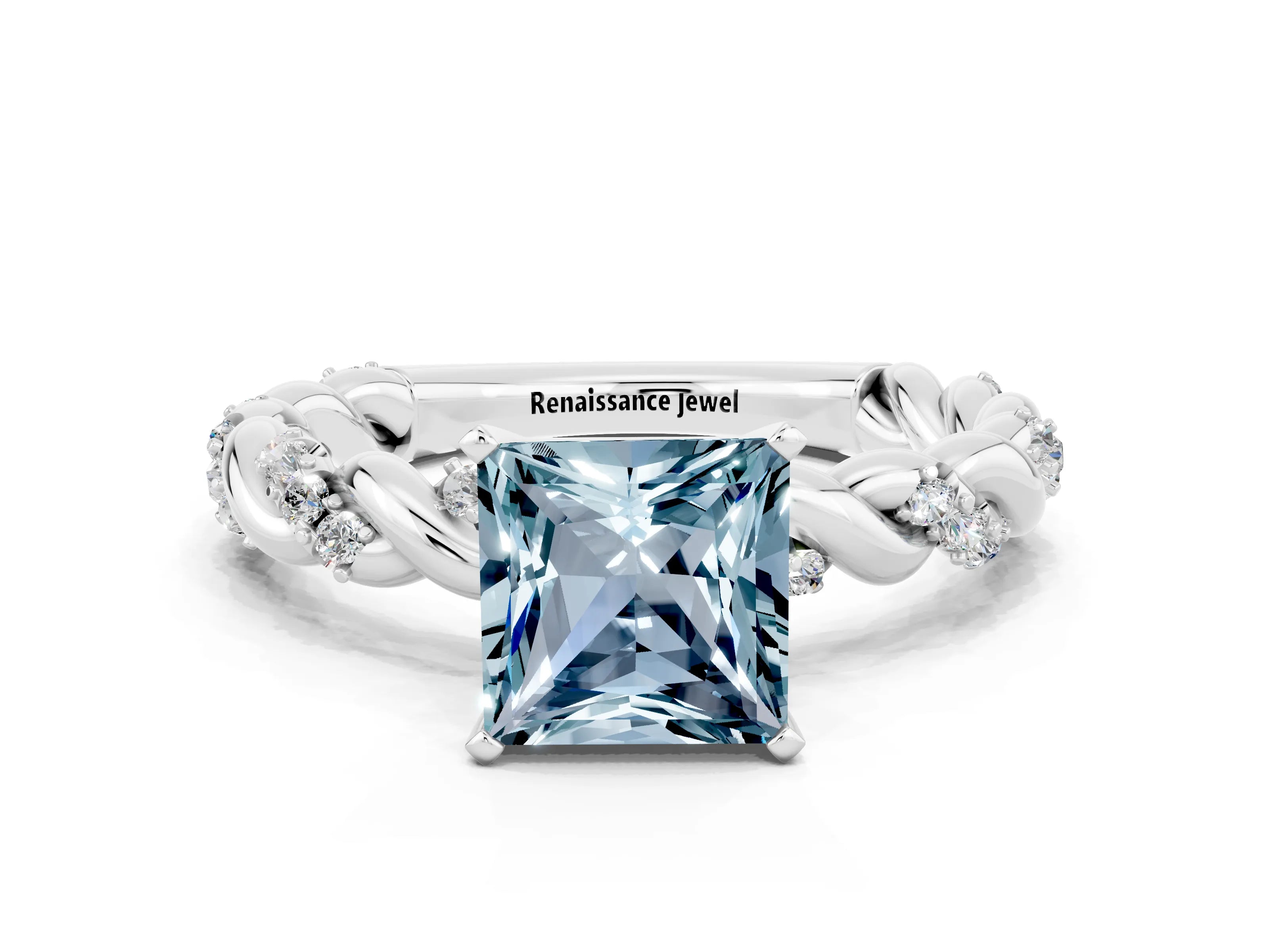 White gold Princess Cut Aquamarine Solitaire Ring with Twisted Band and Pavé Accents