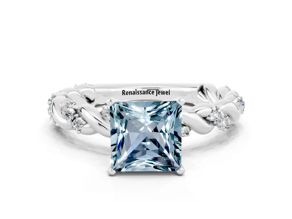 White gold Princess Cut Aquamarine Solitaire Ring with Twisted Band and Pavé Accents