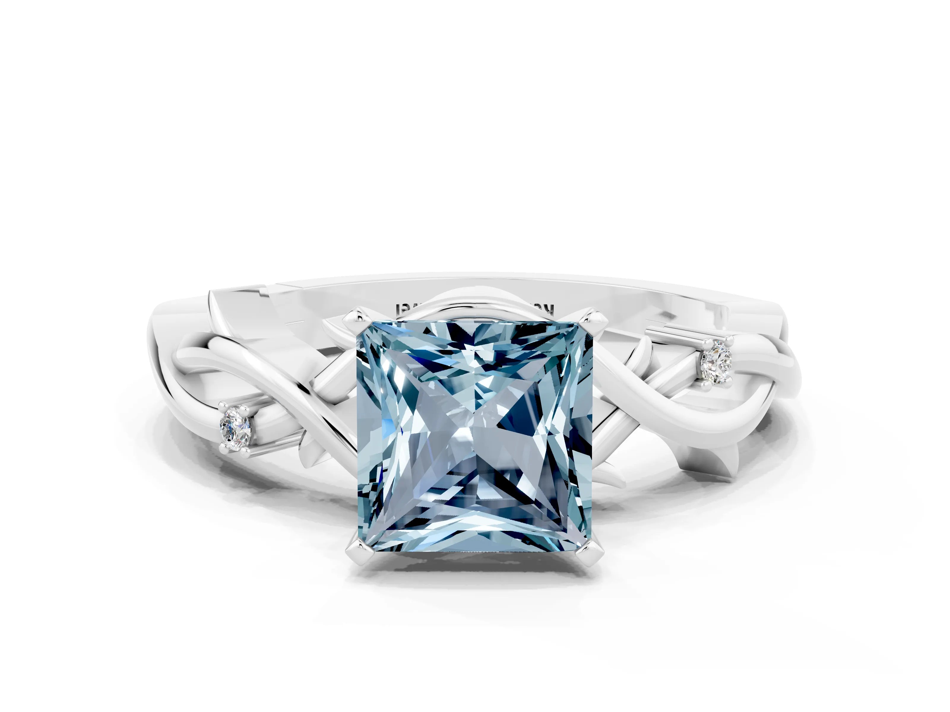 White gold Princess Cut Aquamarine Solitaire Ring with Twisted Band and Prong Setting