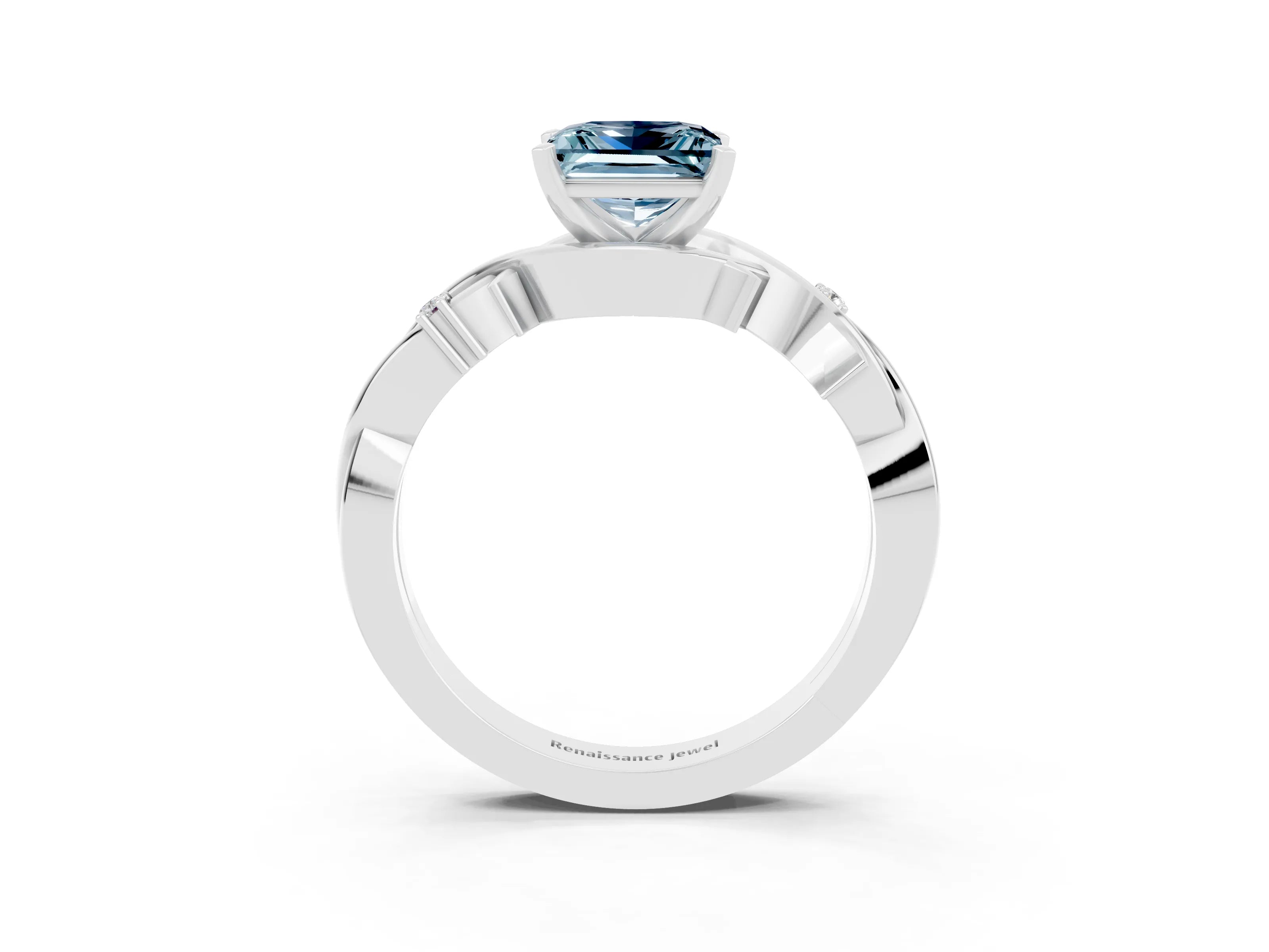 White gold Princess Cut Aquamarine Solitaire Ring with Twisted Band and Prong Setting_15