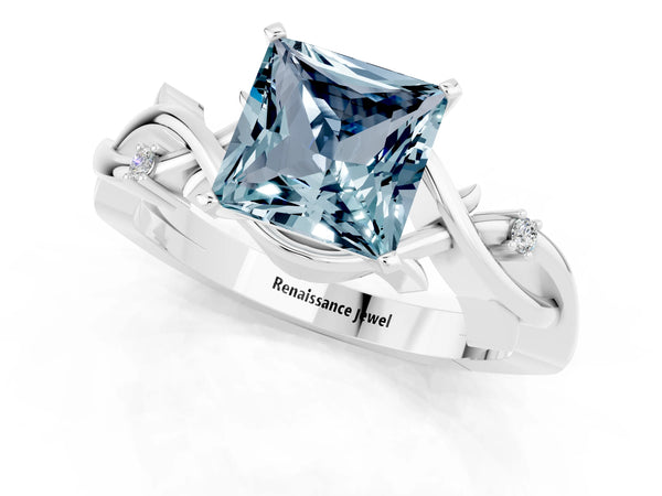 Silver Princess Cut Aquamarine Solitaire Ring with Twisted Band and Prong Setting