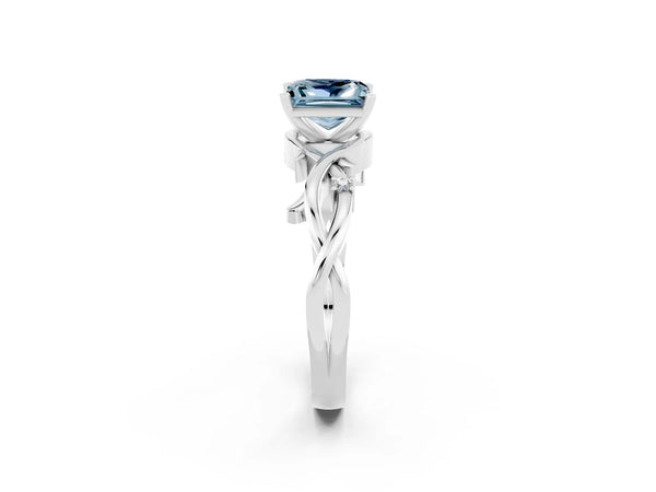 Silver Princess Cut Aquamarine Solitaire Ring with Twisted Band and Prong Setting