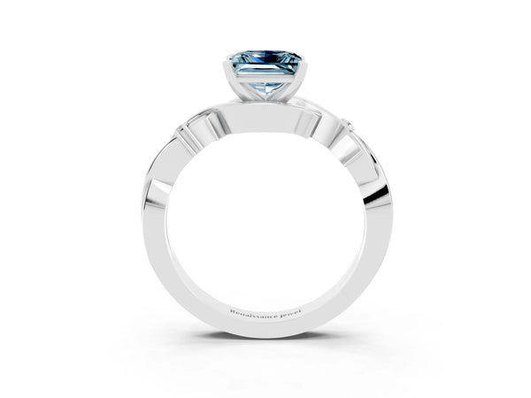 Platinum Princess Cut Aquamarine Solitaire Ring with Twisted Band and Prong Setting