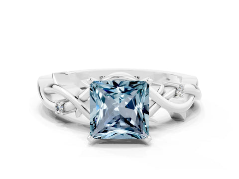White gold Princess Cut Aquamarine Solitaire Ring with Twisted Band and Prong Setting