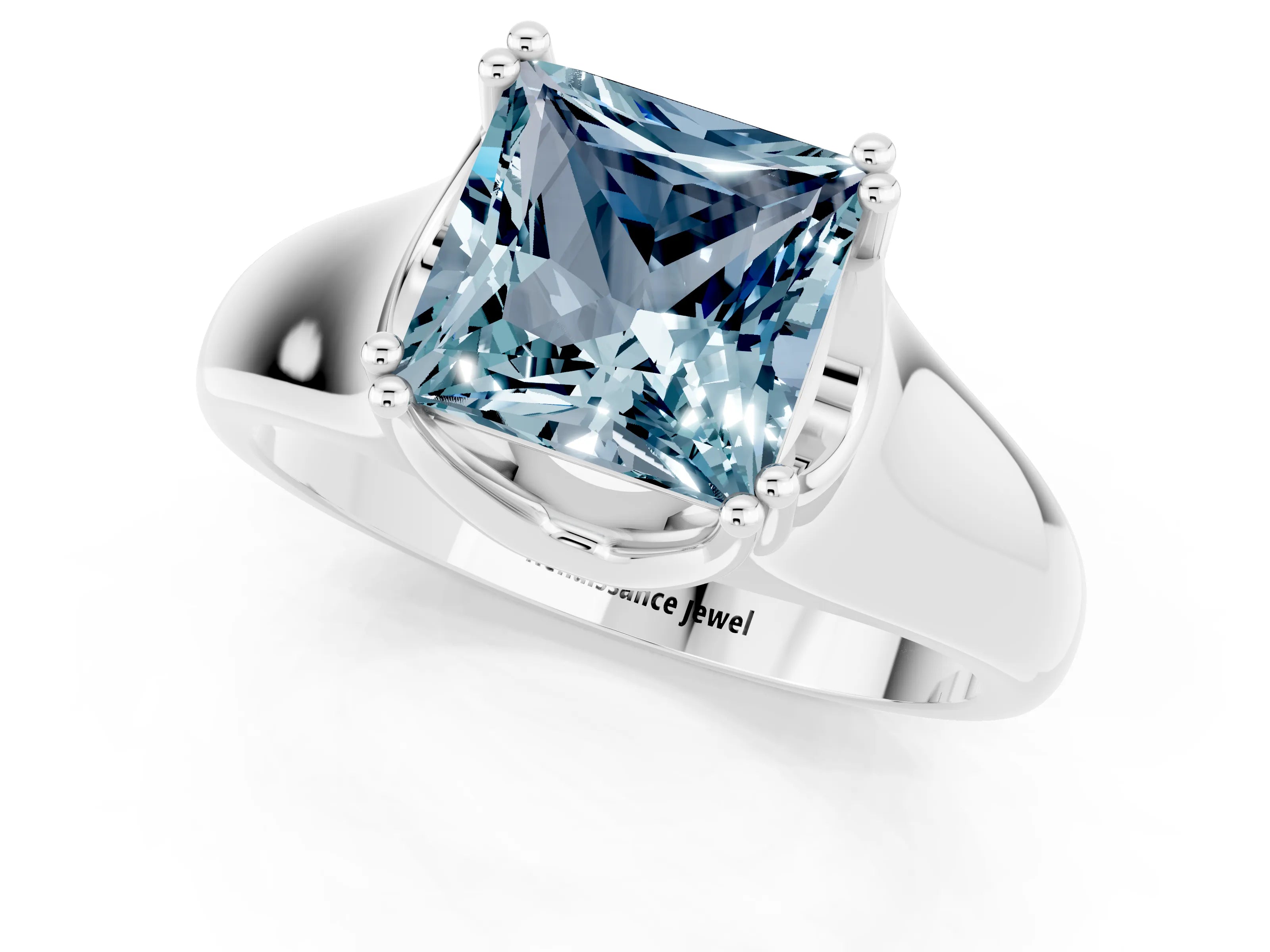 White gold Princess Cut Aquamarine Solitaire Ring with Wide Band and Prong Setting_1