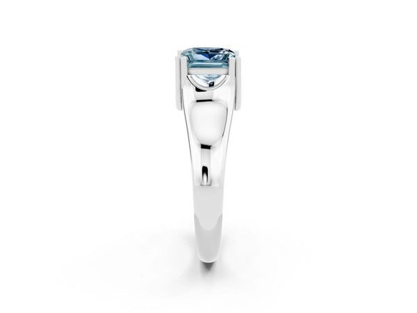 Platinum Princess Cut Aquamarine Solitaire Ring with Wide Band and Prong Setting