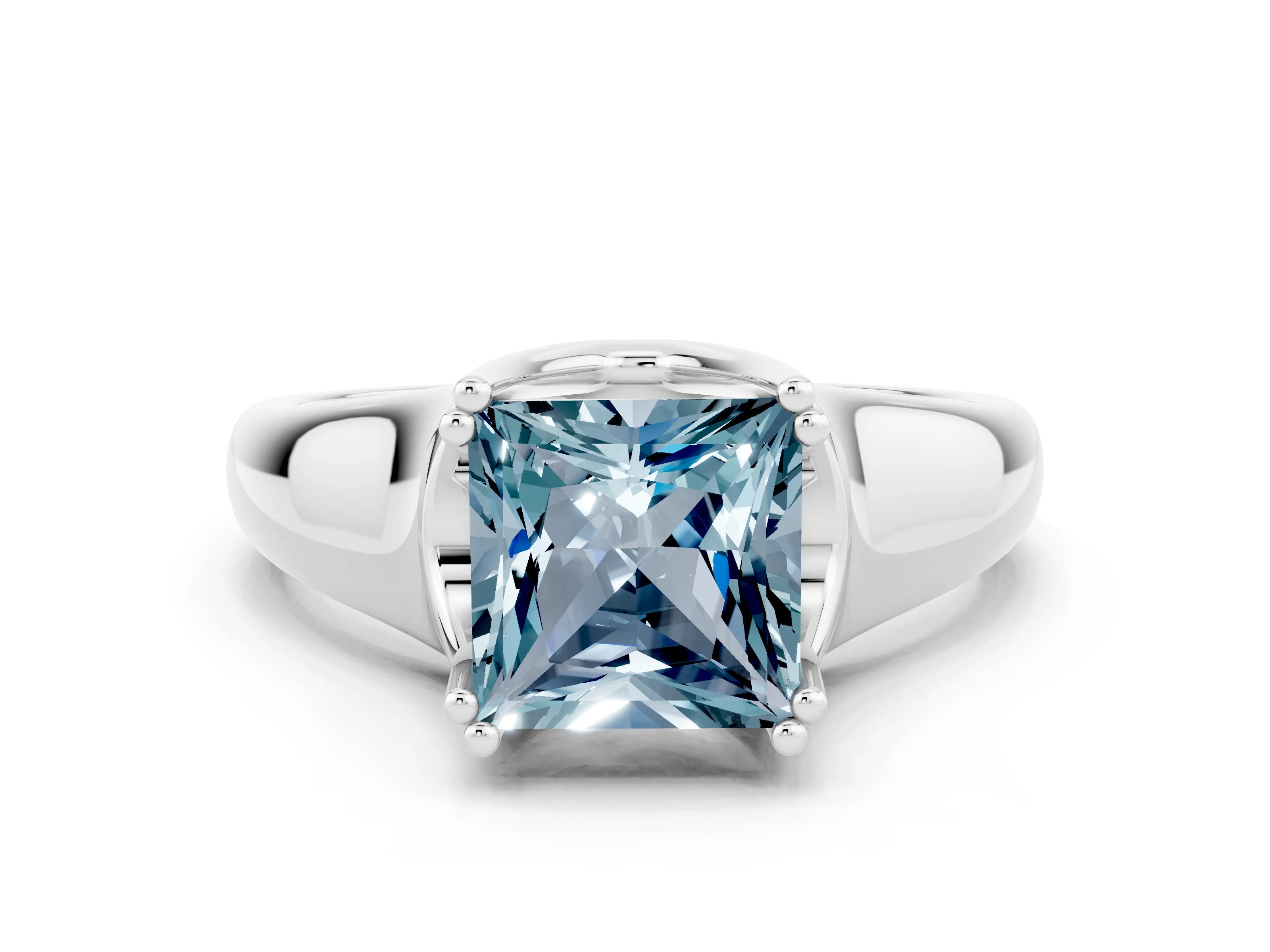 White gold Princess Cut Aquamarine Solitaire Ring with Wide Band and Prong Setting