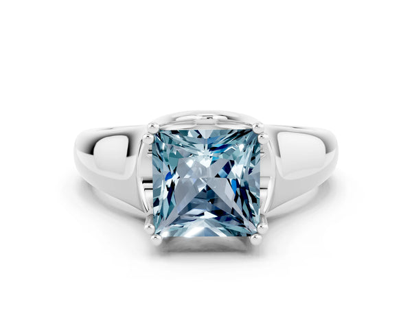 White gold Princess Cut Aquamarine Solitaire Ring with Wide Band and Prong Setting
