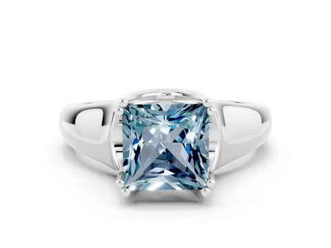 White gold Princess Cut Aquamarine Solitaire Ring with Wide Band and Prong Setting