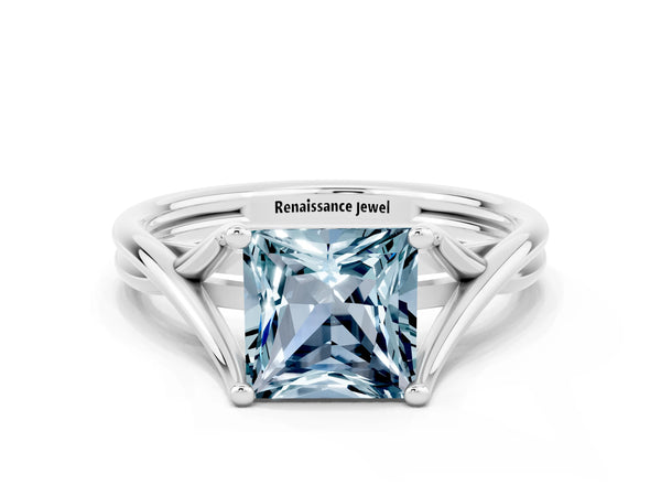 Silver Princess Cut Aquamarine Solitaire Twist Band Prong Setting Ring