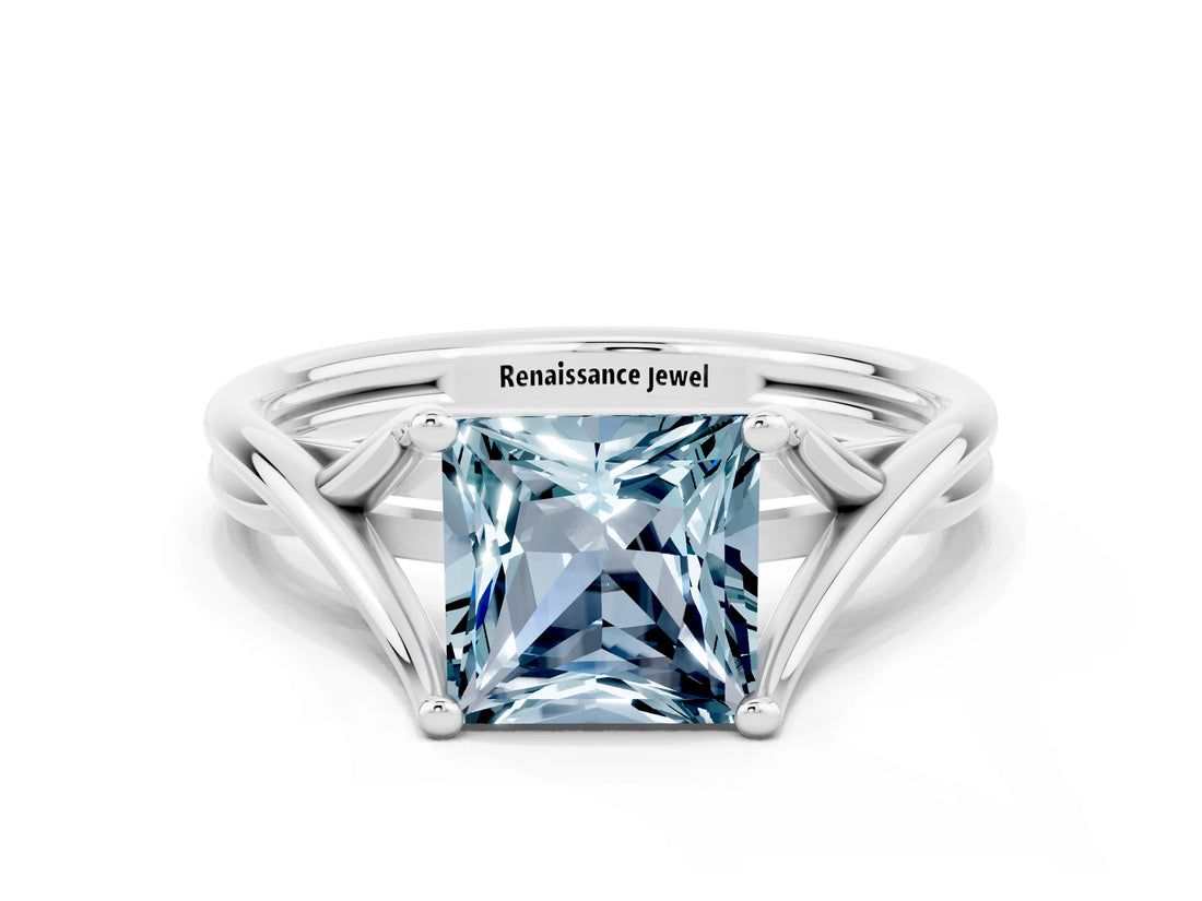 White gold Princess Cut Aquamarine Solitaire Twist Band Prong Setting Ring_36