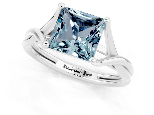 Platinum Princess Cut Aquamarine Solitaire Twist Band Prong Setting Ring