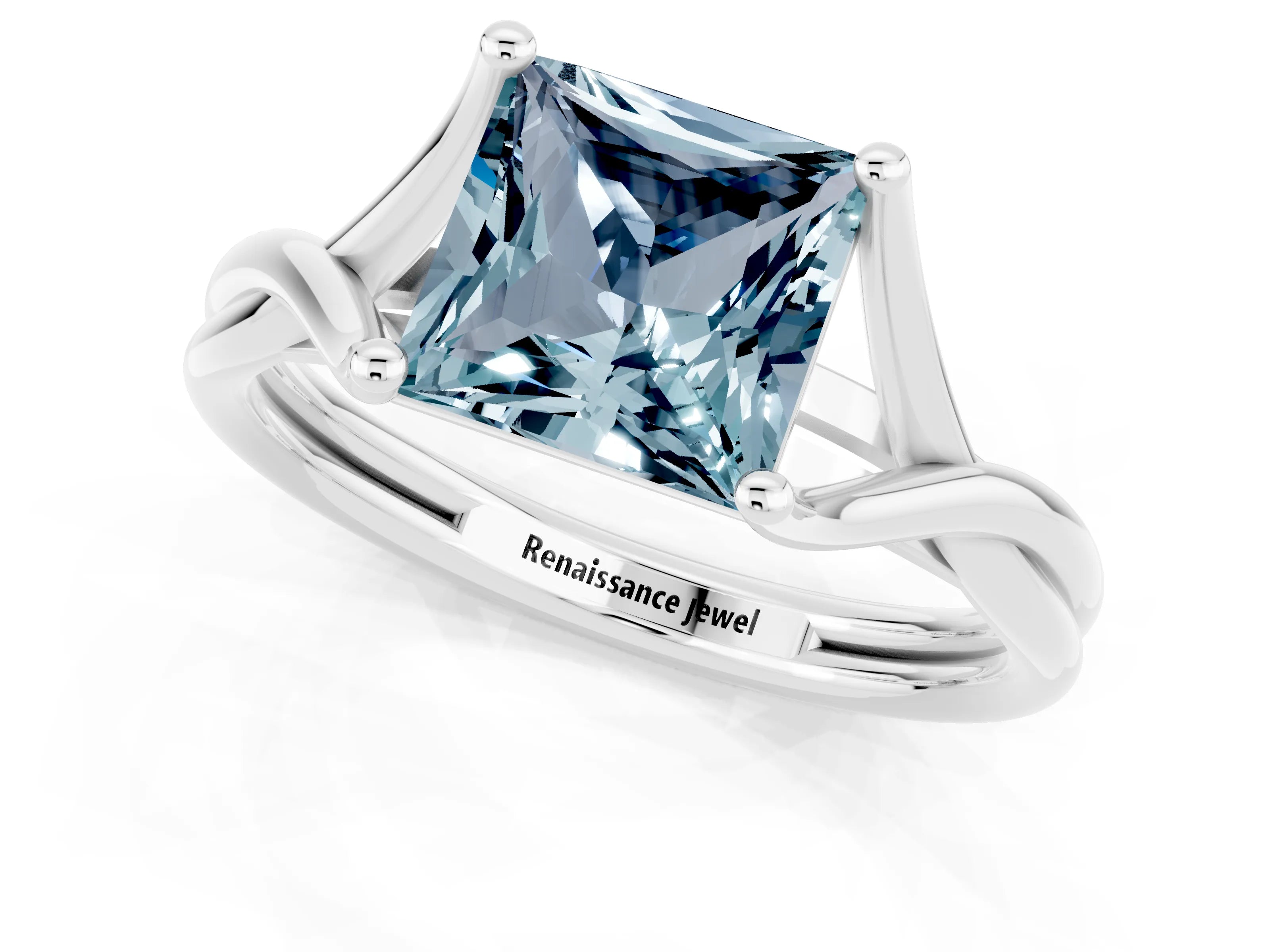 White gold Princess Cut Aquamarine Solitaire Twist Band Prong Setting Ring_37