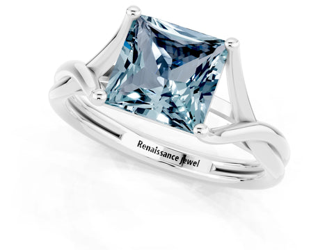 White gold Princess Cut Aquamarine Solitaire Twist Band Prong Setting Ring_37