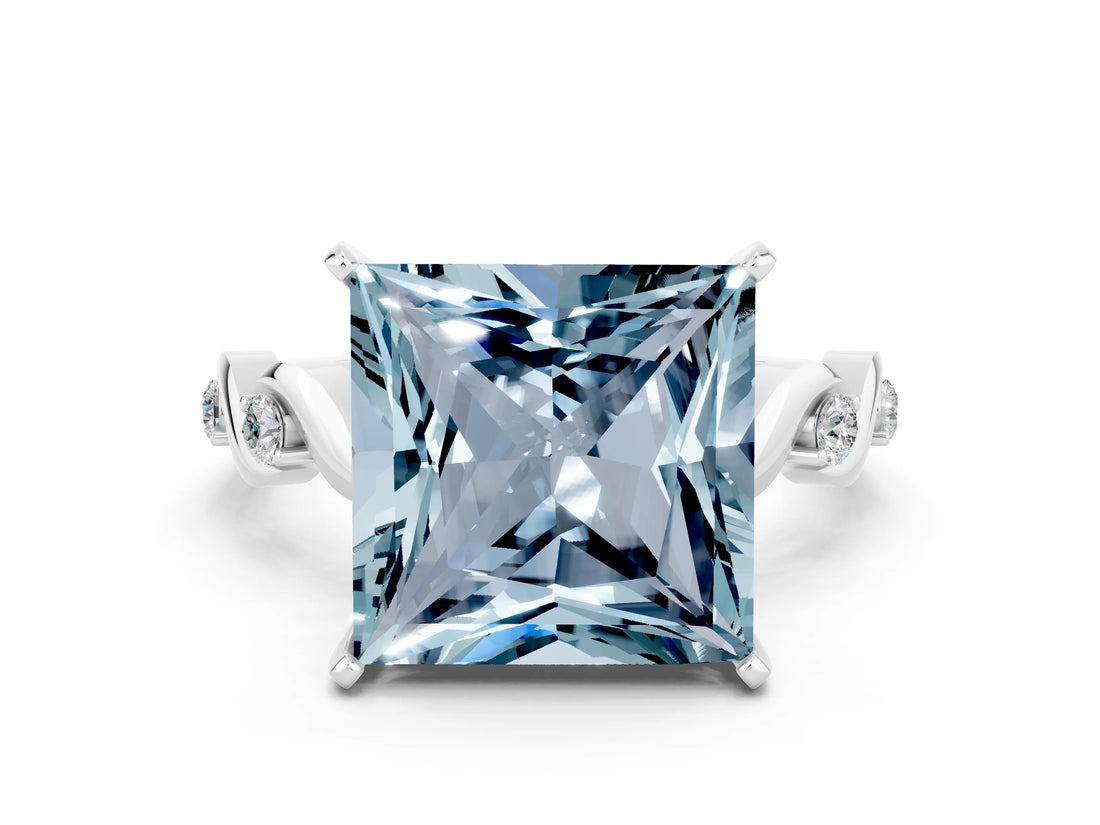 White gold Princess Cut Aquamarine Solitaire Twisted Band with Round  Accents and Prong Setting_12