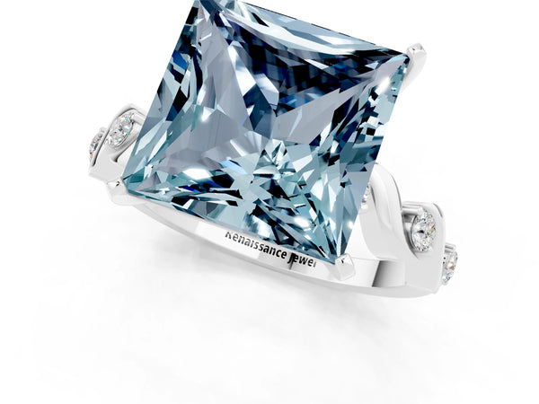 Platinum Princess Cut Aquamarine Solitaire Twisted Band with Round  Accents and Prong Setting