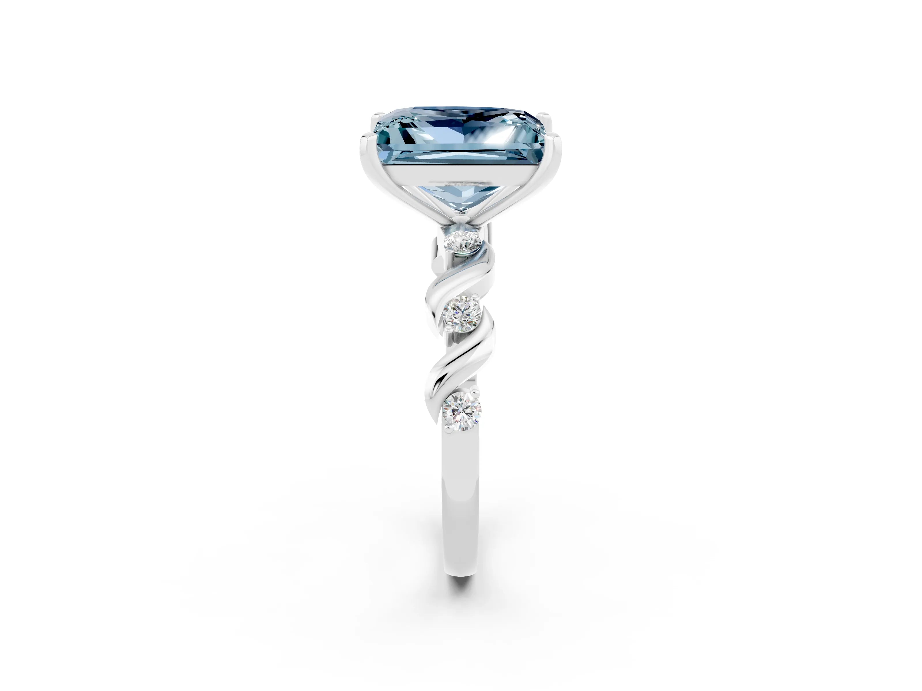 White gold Princess Cut Aquamarine Solitaire Twisted Band with Round  Accents and Prong Setting_14