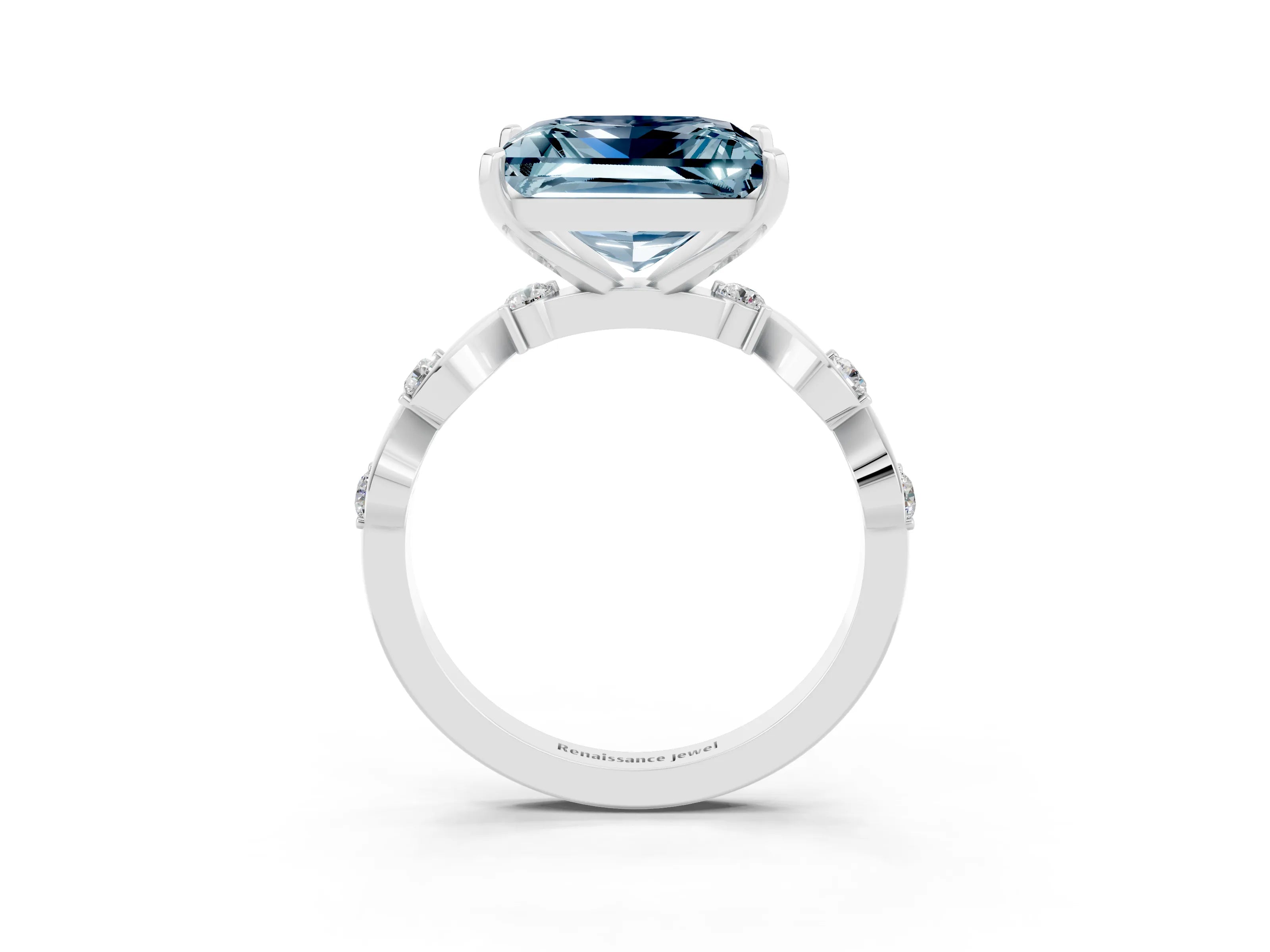 White gold Princess Cut Aquamarine Solitaire Twisted Band with Round  Accents and Prong Setting_15