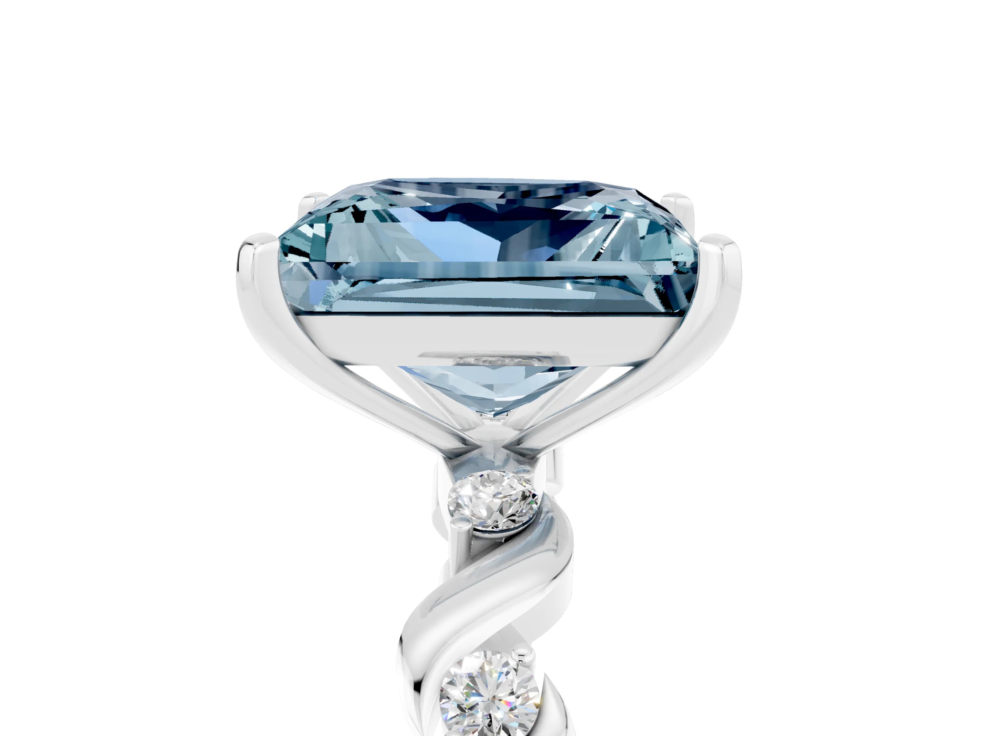 White gold Princess Cut Aquamarine Solitaire Twisted Band with Round  Accents and Prong Setting_17