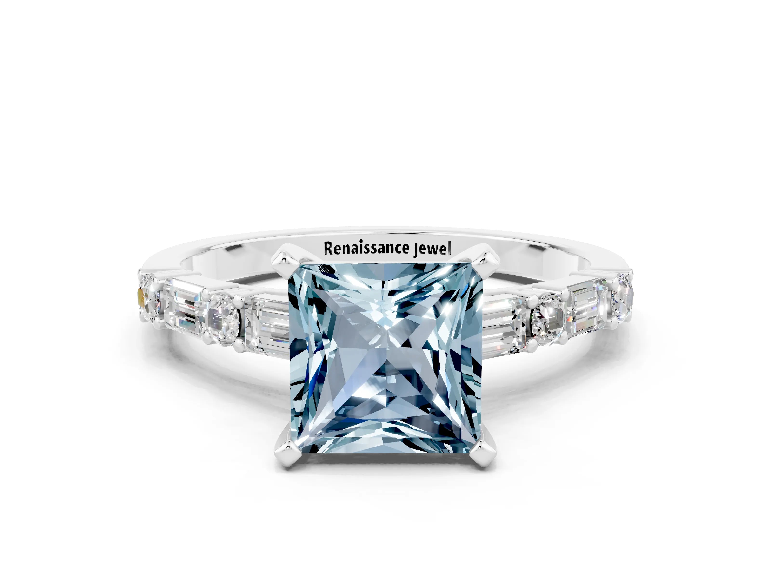 White gold Princess Cut Aquamarine Solitaire with Side Baguettes and Channel Set Band