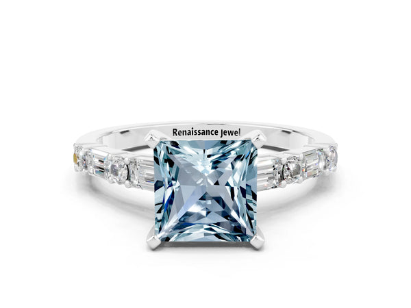 Platinum Princess Cut Aquamarine Solitaire with Side Baguettes and Channel Set Band