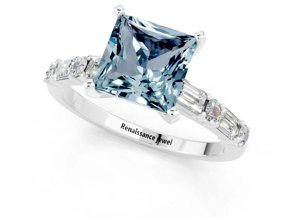 Platinum Princess Cut Aquamarine Solitaire with Side Baguettes and Channel Set Band