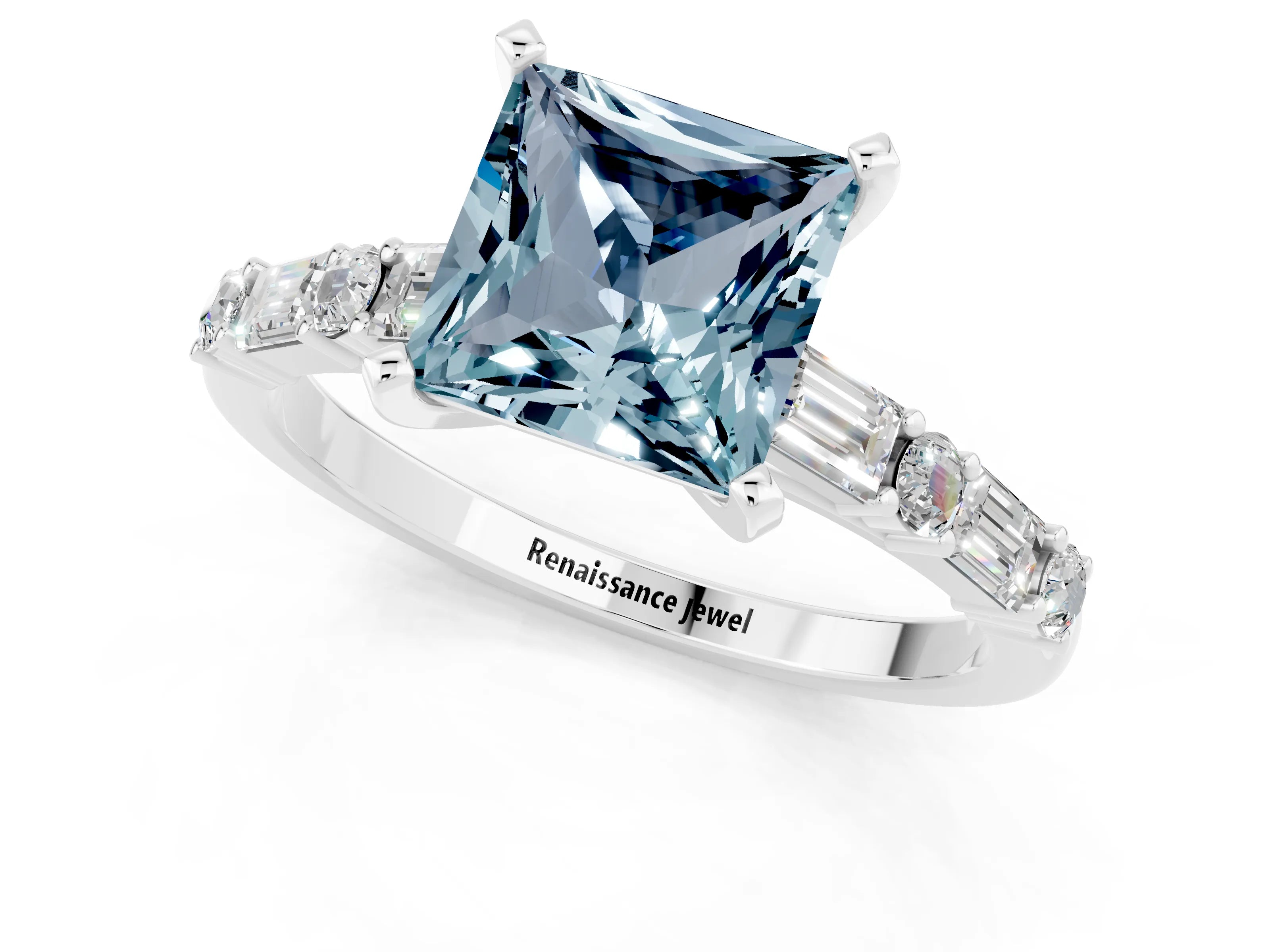 White gold Princess Cut Aquamarine Solitaire with Side Baguettes and Channel Set Band_1