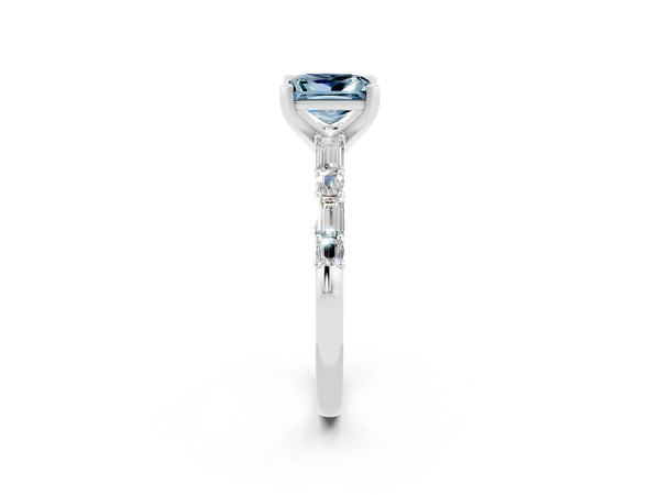 Silver Princess Cut Aquamarine Solitaire with Side Baguettes and Channel Set Band
