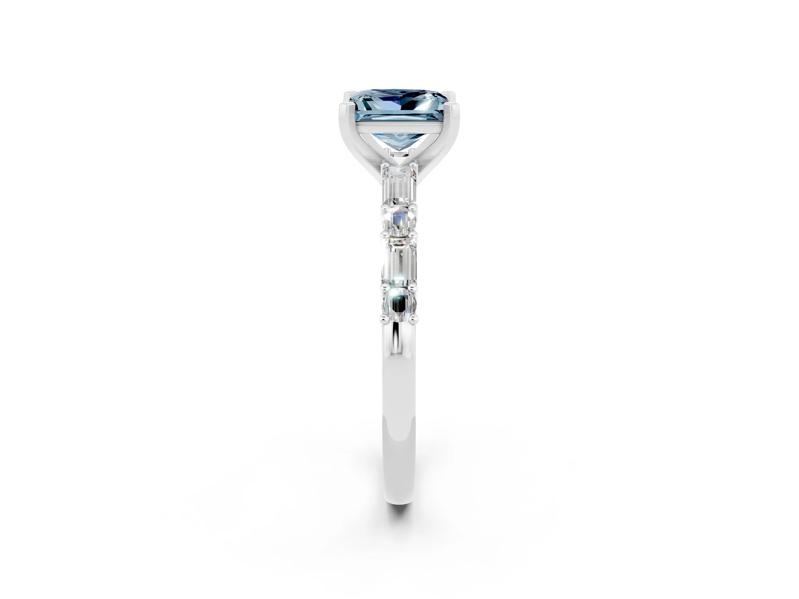White gold Princess Cut Aquamarine Solitaire with Side Baguettes and Channel Set Band_2